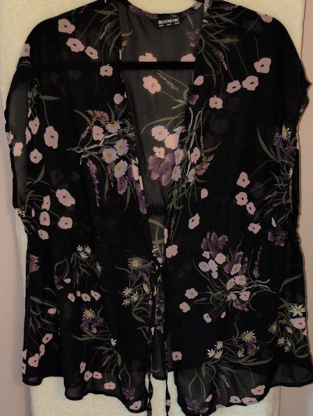 BloomChic Black Sheer Floral Open-Front Cap Sleeve Blouse